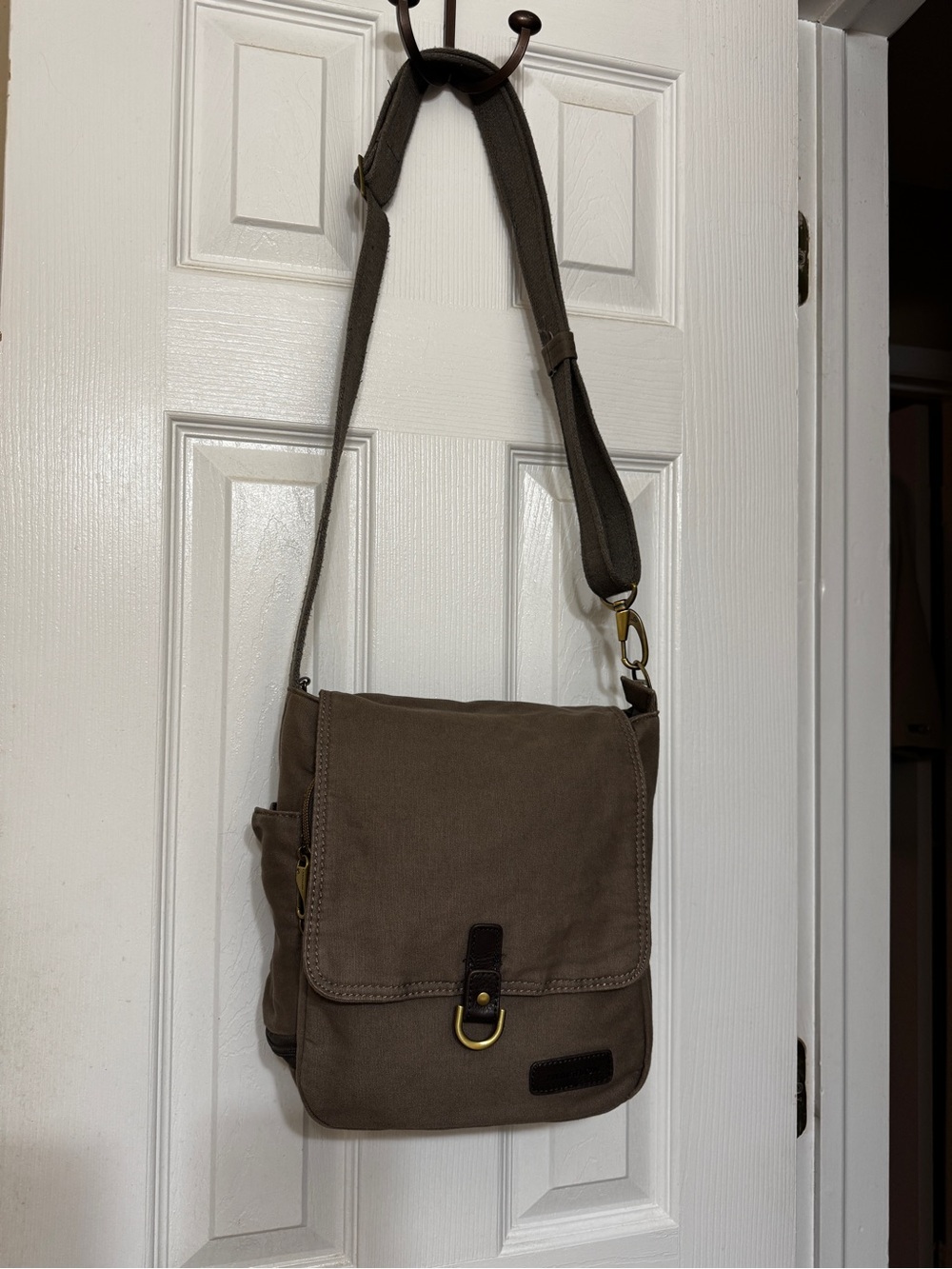 Travelon Tan/Gray Canvas Messenger Bag with Brass Hardware